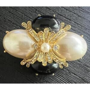 Joan Rivers Vintage Faux Onyx Faux Mabe Pearl Pavé Crystal Gold Tone Pin Brooch
